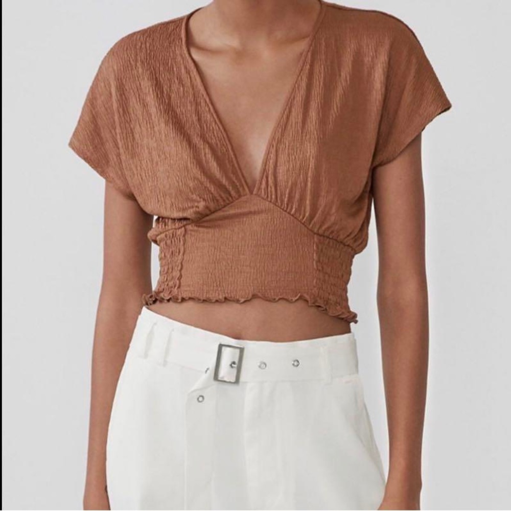 Zara Brown Deep V Neck Crop Top Small